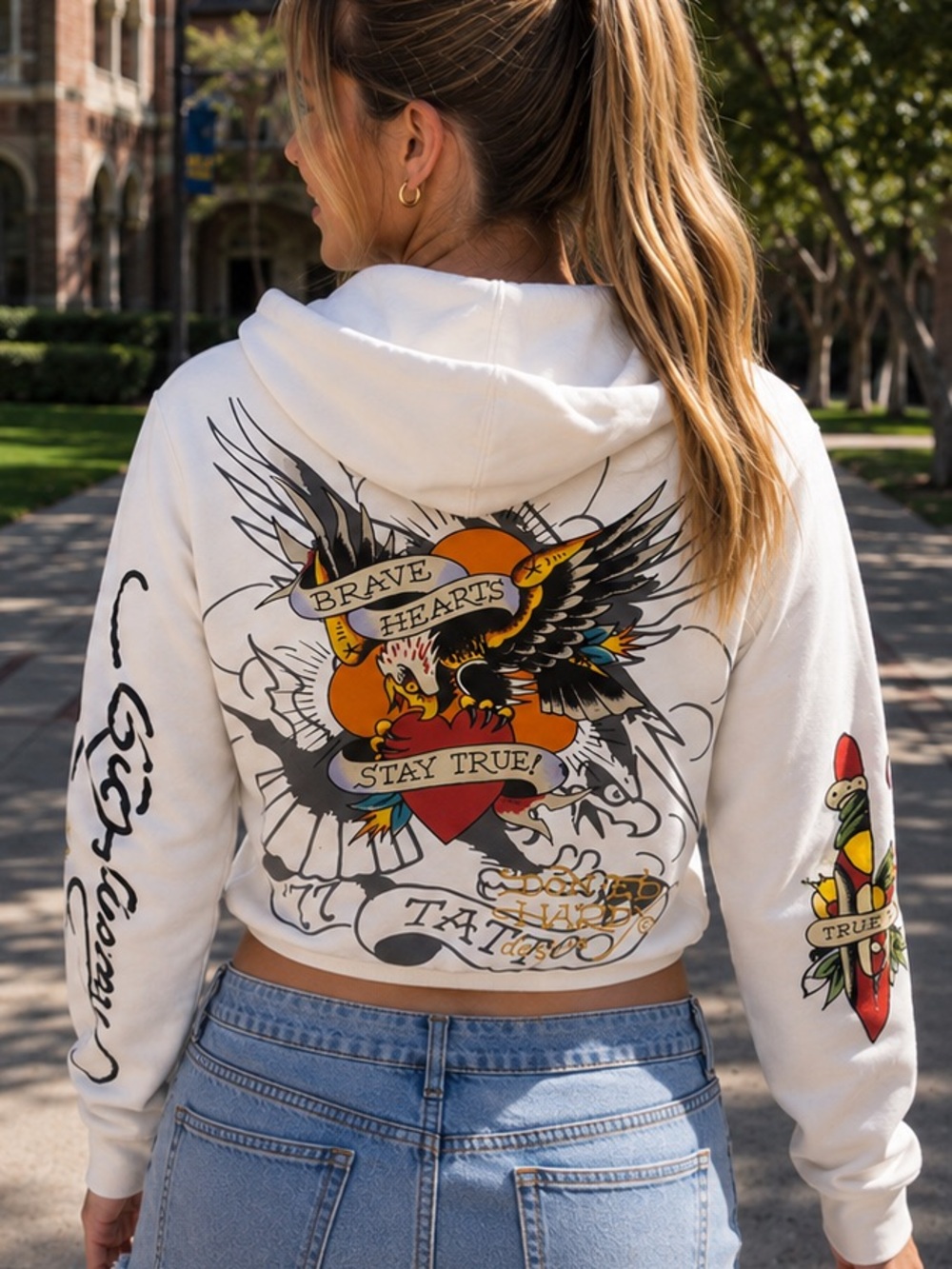 Ed Hardy Brave Eagle White Graphic Zip-Up Cropped Hoodie Brave Hearts Casual XS